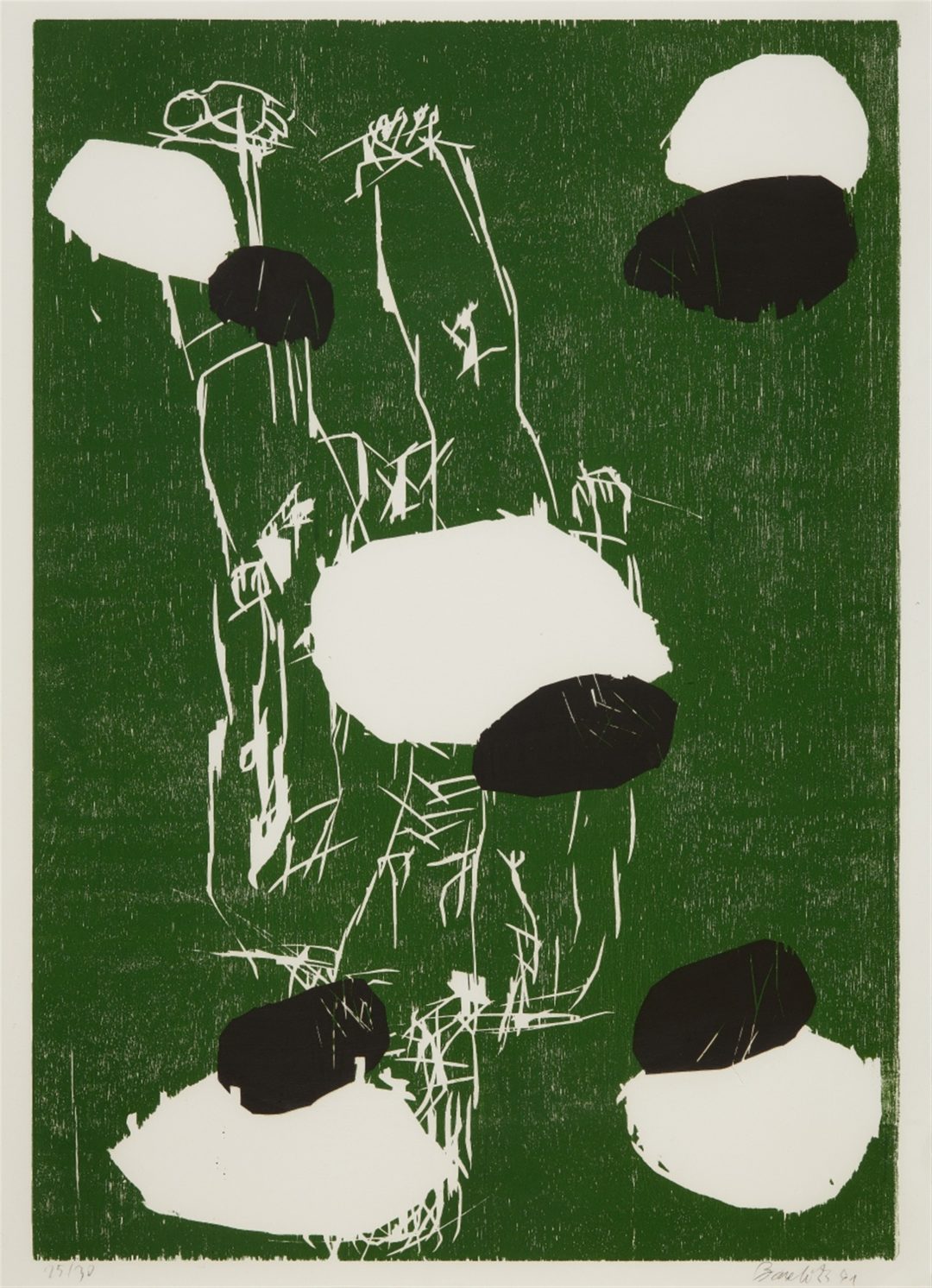 Georg Baselitz-litho /30- Fuenf Steine- Woodcut- 105×77- 1991